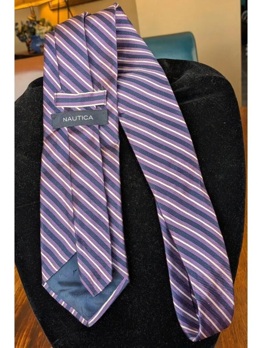 Nautica Purple Navy Cream Diagonal Stripe Silk Neck Tie USA Made Vintage 1990s